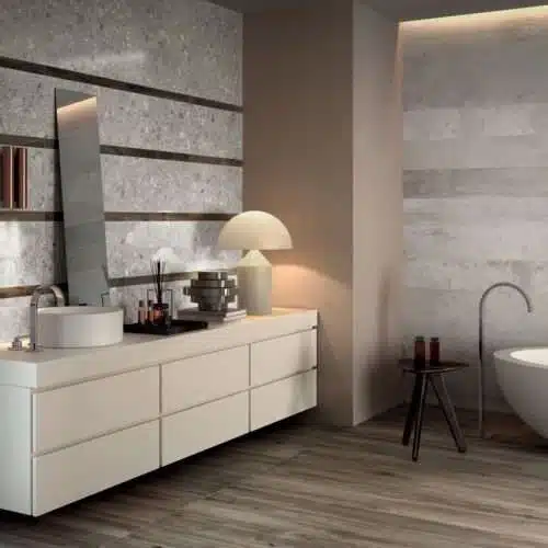 piastrelle bagno gres ceppo di Grè Futura + pavimento effetto legno