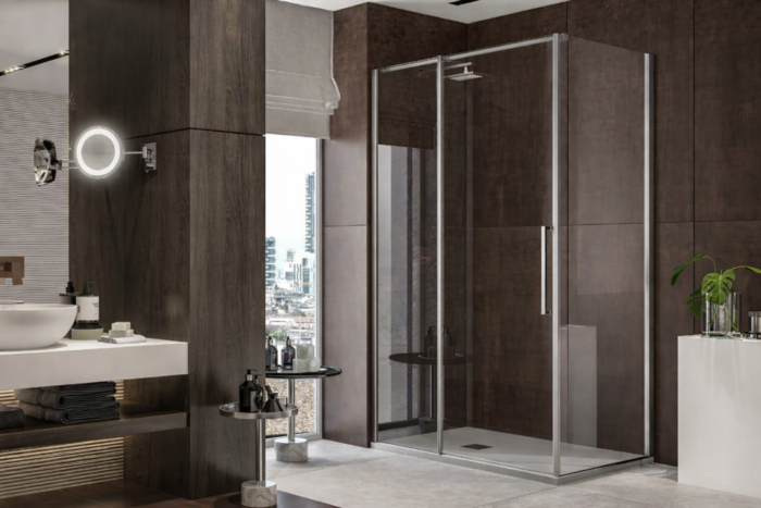 esempio per docce in acciaio con porta battente in cristallo