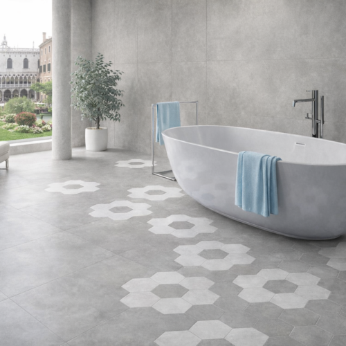 cementine esagonali e gres tinta unita